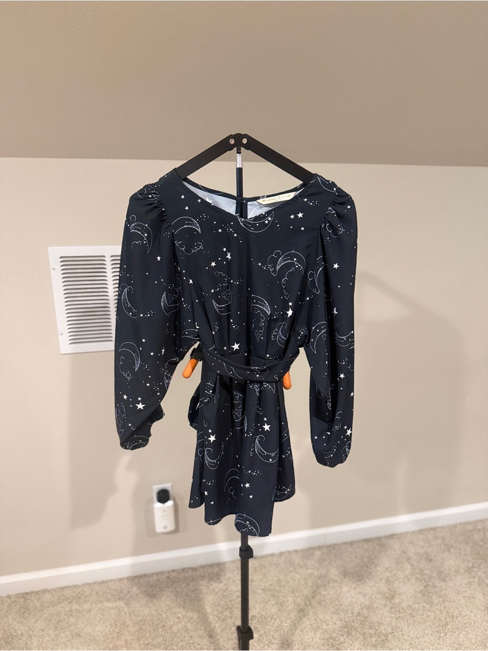 Whimsical Black Mini Dress with Moon & Star Print